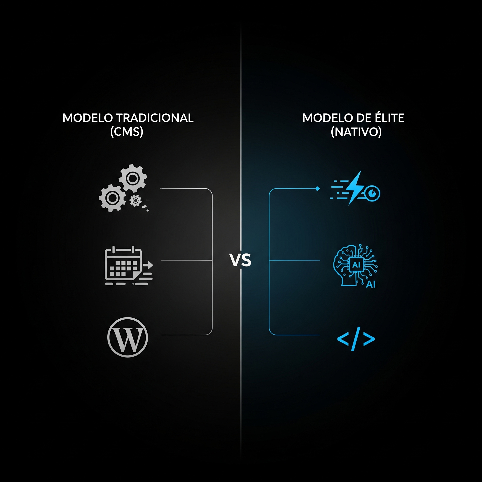 Diagrama comparando el desarrollo web tradicional con el método nativo de élite